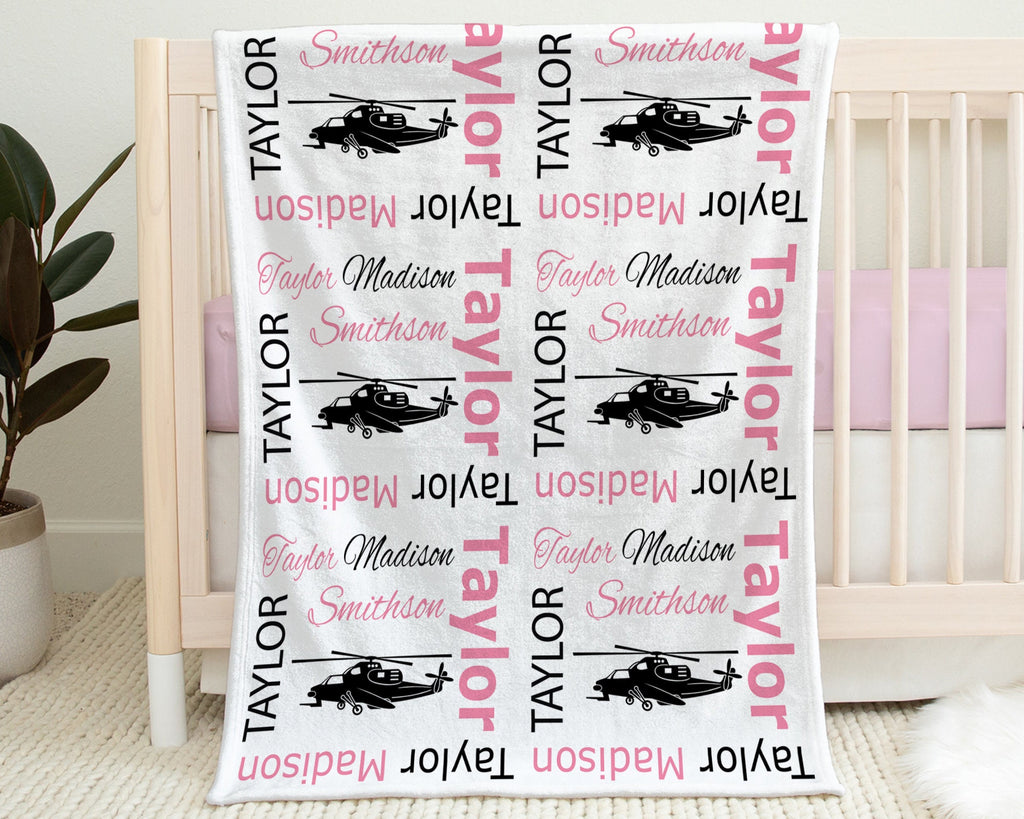 Helicopter baby girls blanket, pink personalized military helicopter newborn swaddle blanket, helicopter baby gift, (CHOOSE COLORS)