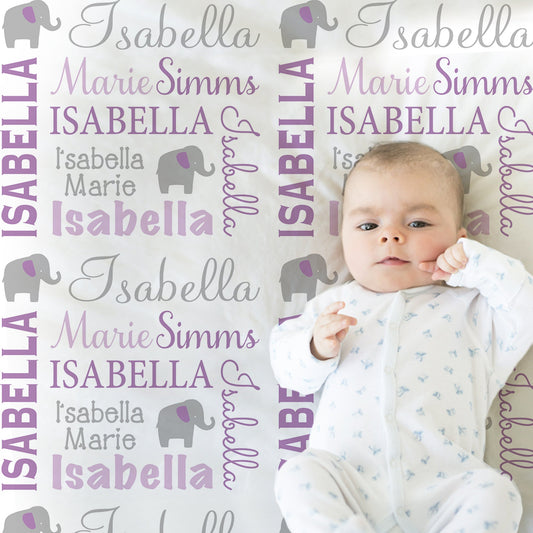 Elephant baby girl name blanket, personalized elephant swaddle blanket, elephants newborn baby gift, blanket with elephants (CHOOSE COLORS)