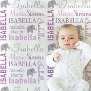 Elephant baby girl name blanket, personalized elephant swaddle blanket, elephants newborn baby gift, blanket with elephants (CHOOSE COLORS)