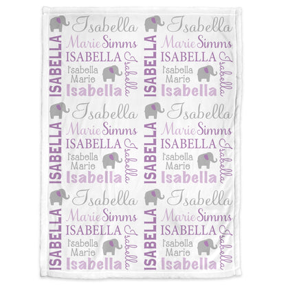 Elephant baby girl name blanket, personalized elephant swaddle blanket, elephants newborn baby gift, blanket with elephants (CHOOSE COLORS)