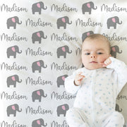 Baby girl pink elephant swaddle blanket, personalized cursive script font name blanket, newborn baby girl elephant gift, (CHOOSE COLORS)