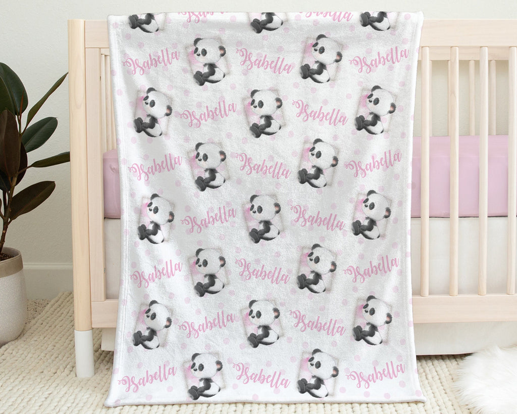 Panda baby girls name blanket, personalized panda swaddle blanket, newborn panda bears baby gift with name, pink panda baby blanket
