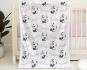 Panda baby girls name blanket, personalized panda swaddle blanket, newborn panda bears baby gift with name, pink panda baby blanket