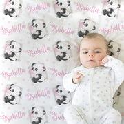 Panda baby girls name blanket, personalized panda swaddle blanket, newborn panda bears baby gift with name, pink panda baby blanket