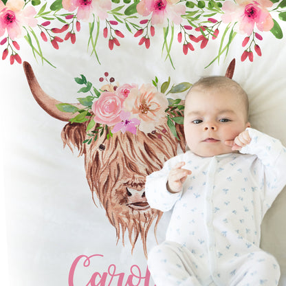 Highland cow baby name blanket, cow swaddle blanket with flowers, personalized girl floral farm gift, newborn flower highland cow gift