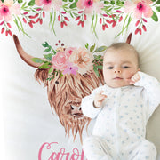 Highland cow baby name blanket, cow swaddle blanket with flowers, personalized girl floral farm gift, newborn flower highland cow gift