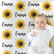 Chic sunflower baby blanket, girl blanket with sunflowers and name, baby girl personalized newborn flower swaddle blanket, floral baby gift