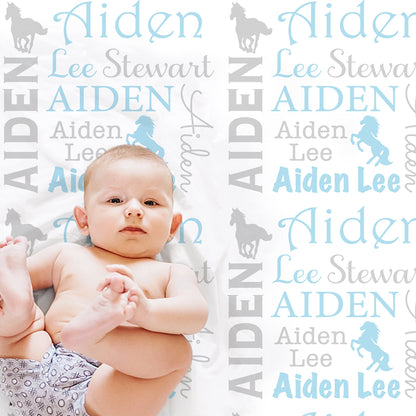 Wild horses baby blanket, personalized horse newborn blanket with name, horse theme baby shower gift, swaddle horse blanket (CHOOSE COLOR)