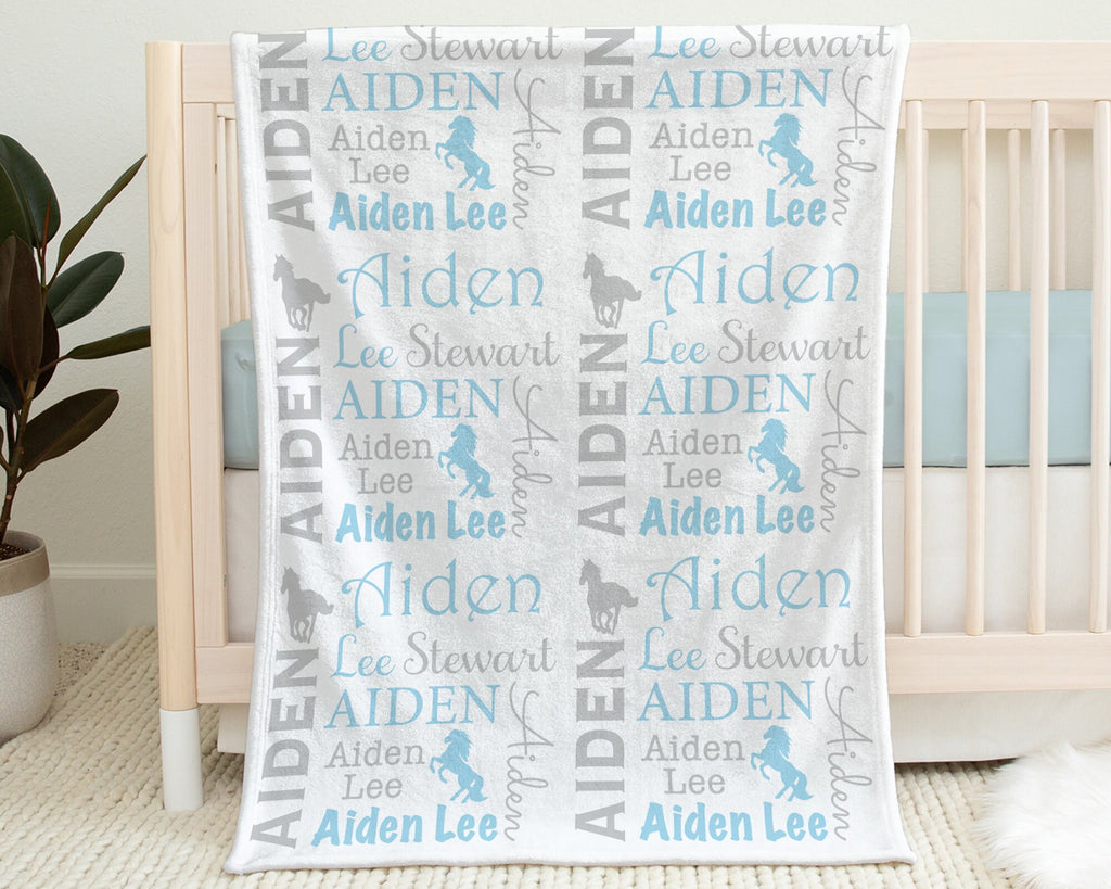 Wild horses baby blanket, personalized horse newborn blanket with name, horse theme baby shower gift, swaddle horse blanket (CHOOSE COLOR)