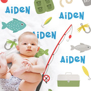Newborn fishing baby boy blanket, fishing boat and pole personalized name blanket, fisherman baby gift,boys fishing swaddle (CHOOSE COLORS)