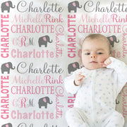 Monogram elephant baby girl blanket, personalized newborn elephant name blanket, elephants baby gift, girls elephant swaddle (CHOOSE COLOR)