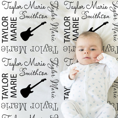 Electric guitar baby blanket, personalized guitar name blanket, boy or girl newborn music baby gift, swaddle blanket with black guitars