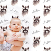 Raccoon baby name blanket personalized, cute animal blanket for boy, newborn gift, toddler, big kid size, choose material