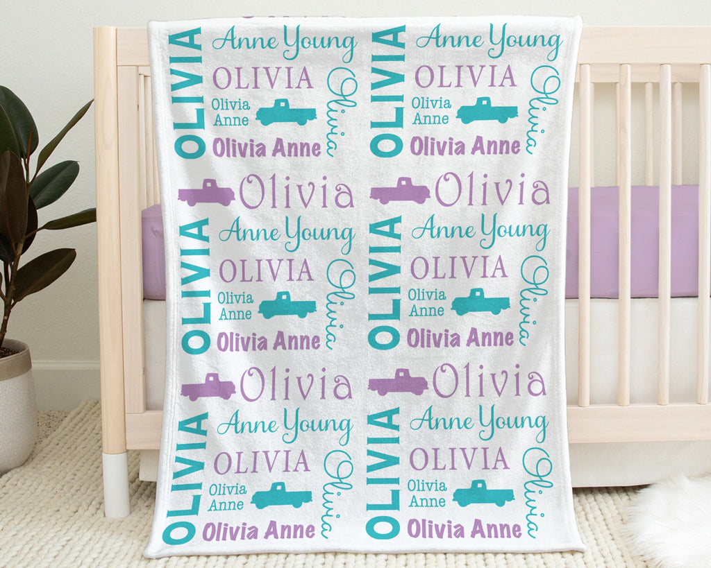 Vintage truck baby girl blanket, personalized newborn car blanket with name, oldies pick up truck swaddle, vehicle baby gift (CHOOSE COLOR)