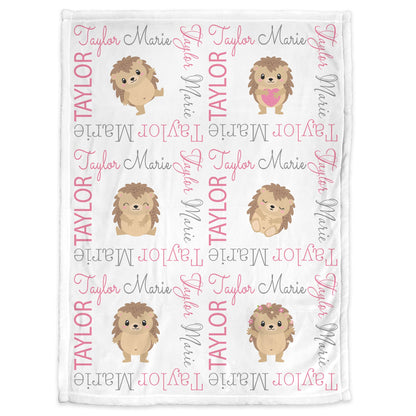 Girl hedgehog baby name blanket, personalized hedgehogs swaddle blanket, pink and gray hedgehog theme newborn baby gift, (CHOOSE COLORS)