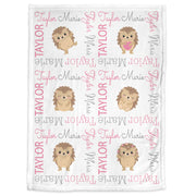 Girl hedgehog baby name blanket, personalized hedgehogs swaddle blanket, pink and gray hedgehog theme newborn baby gift, (CHOOSE COLORS)