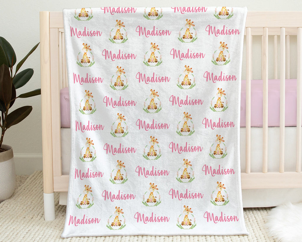 Baby girl giraffe blanket, personalized floral giraffe pink name blanket, watercolor floral greenery giraffe swaddle, giraffle baby gift