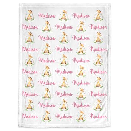 Baby girl giraffe blanket, personalized floral giraffe pink name blanket, watercolor floral greenery giraffe swaddle, giraffle baby gift