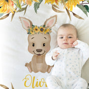 Kangaroo baby girl blanket, personalized newborn kangaroo flowers name blanket, kangaroo sunflowers baby swaddle gift (CHOOSE COLORS)
