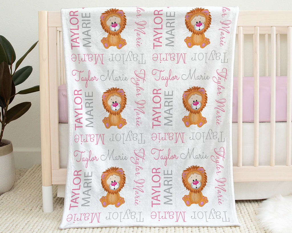 Personalized baby girl lion blanket, baby girl name blanket with lions, newborn lion baby gift, swaddle blanket with lions (CHOOSE COLORS)
