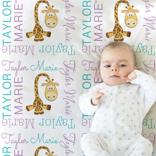 Personalized Giraffe Baby Name Blanket Safari Animal Girl