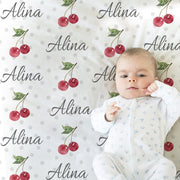 Cherries baby blanket with polka dots, personalized cherry baby name blanket, girl newborn gift with cherries, rock cherry swaddle blanket