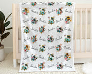 Personalized floral bee baby girl blanket, flower bee newborn swaddle blanket with name, floral bumble bees baby girl gift, baby blanket bee