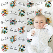 Personalized floral bee baby girl blanket, flower bee newborn swaddle blanket with name, floral bumble bees baby girl gift, baby blanket bee