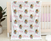 Floral bee baby girl blanket, flower bee newborn swaddle blanket with name, floral bumble bees baby girl gift, personalized baby blanket bee
