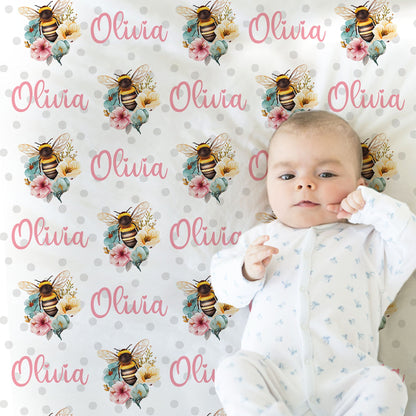 Floral bee baby girl blanket, flower bee newborn swaddle blanket with name, floral bumble bees baby girl gift, personalized baby blanket bee