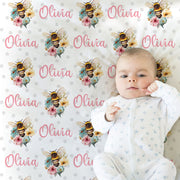 Floral bee baby girl blanket, flower bee newborn swaddle blanket with name, floral bumble bees baby girl gift, personalized baby blanket bee