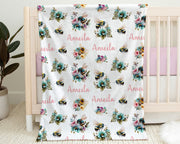 Baby girl bee blanket, personalized floral bee pink name blanket, watercolor floral spring bee swaddle, newborn girls bumble bee baby gift