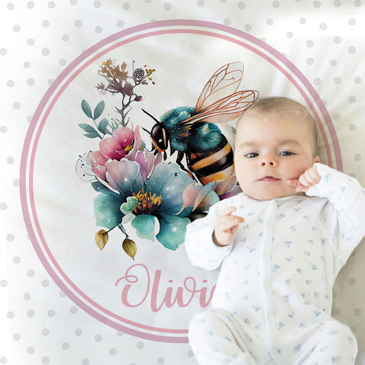 Bee baby girls name blanket, personalized bumble bee swaddle blanket, newborn spring bee baby gift with name, baby girl blanket with bees