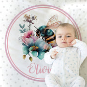 Bee baby girls name blanket, personalized bumble bee swaddle blanket, newborn spring bee baby gift with name, baby girl blanket with bees