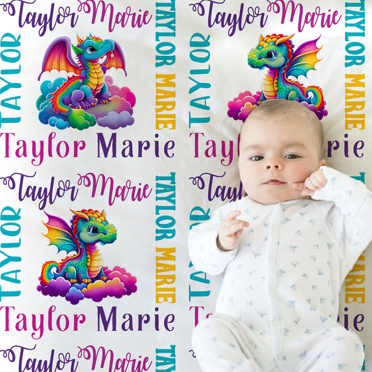 Personalized Dragon Rainbow Colors Baby Name Blanket Girl
