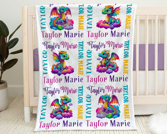 Personalized Dragon Rainbow Colors Baby Name Blanket Girl