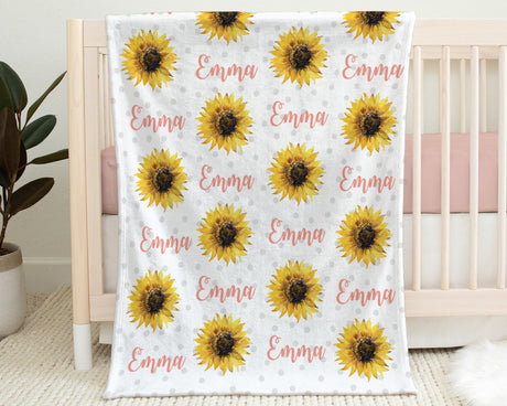 Sunflower baby name blanket, personalized sunflower floral newborn swaddle blanket, baby gift with watercolor sunflowers, (CHOOSE COLORS)
