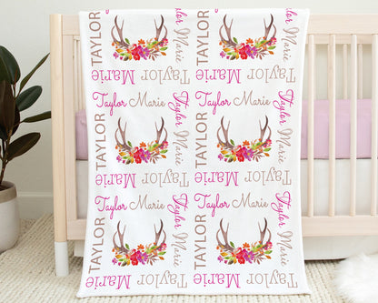 Floral deer antler baby blanket , girl newborn antler personalized blanket, hunting baby girl antler gifts, deer antler swaddle blanket
