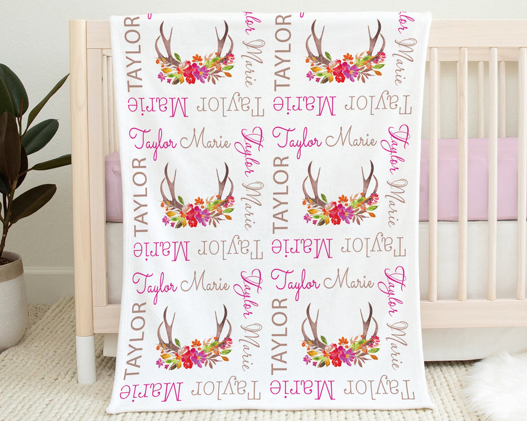 Floral deer antler baby blanket , girl newborn antler personalized blanket, hunting baby girl antler gifts, deer antler swaddle blanket