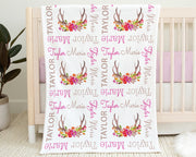 Floral deer antler baby blanket , girl newborn antler personalized blanket, hunting baby girl antler gifts, deer antler swaddle blanket