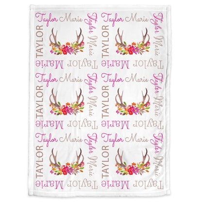 Floral deer antler baby blanket , girl newborn antler personalized blanket, hunting baby girl antler gifts, deer antler swaddle blanket