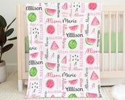 Summer watermelon baby blanket, girl melon baby blanket with name, personalized sweet watermelon slice newborn gift, watermelon swaddle girl