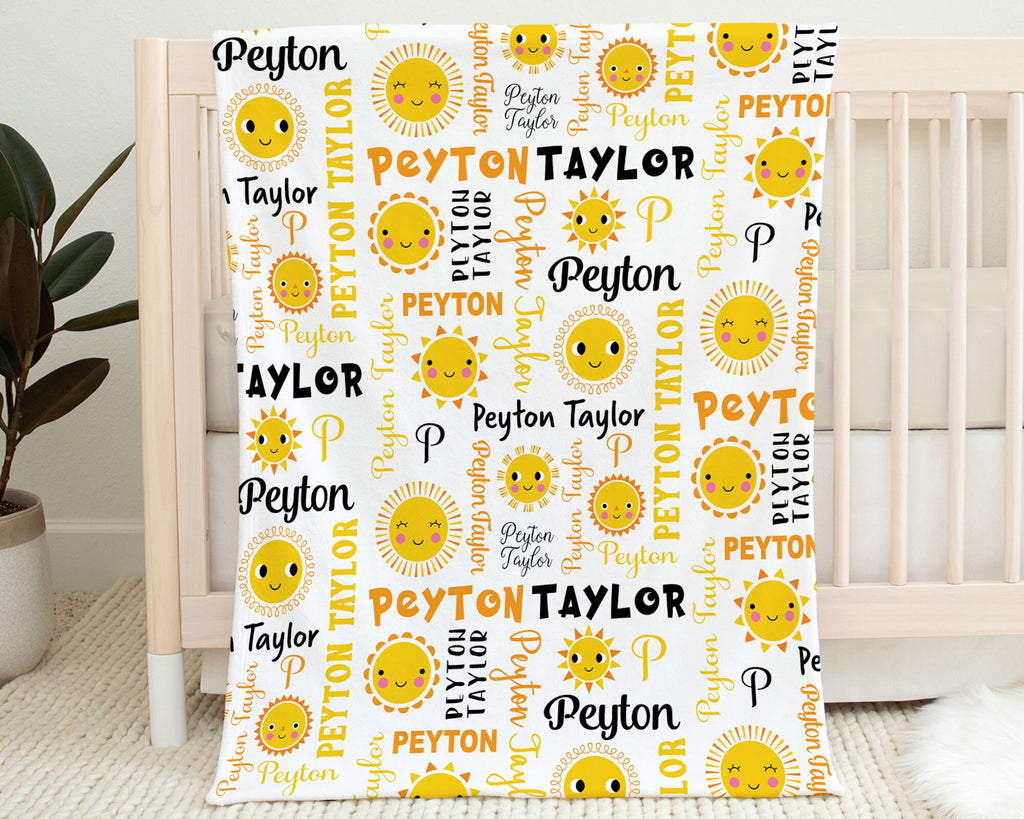 Personalized girl sunshine baby blanket, summer sun swaddle blanket, sun newborn baby gift with name, summer sunshine baby girl gift,