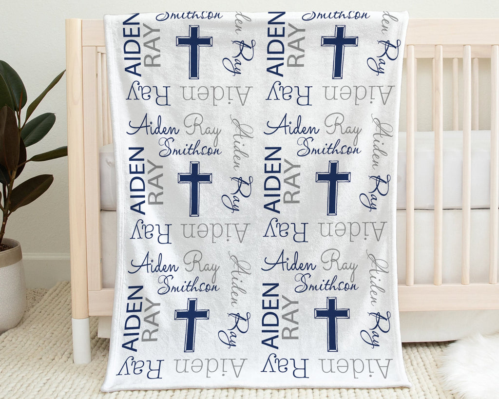 Baptism baby name blanket, newborn personalized christening cross blanket, baby boy or girl, religious baptism baby gift, (CHOOSE COLORS)