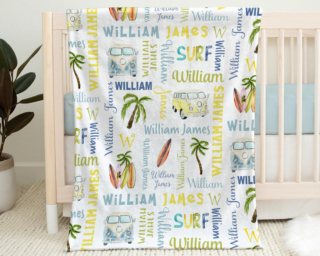 Boys surfboard baby blanket, personalized palm trees beach theme blanket with name, boys newborn surfer theme swaddle, surfing baby gift