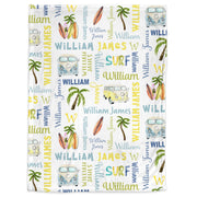 Boys surfboard baby blanket, personalized palm trees beach theme blanket with name, boys newborn surfer theme swaddle, surfing baby gift