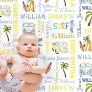 Boys surfboard baby blanket, personalized palm trees beach theme blanket with name, boys newborn surfer theme swaddle, surfing baby gift