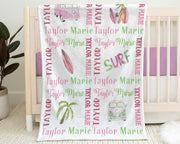 Surfboard baby name blanket, personalized girls pink surfer blanket, newborn beach palm tress baby gift, surfing theme swaddle blanket
