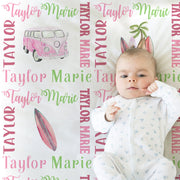 Surfboard baby name blanket, personalized girls pink surfer blanket, newborn beach palm tress baby gift, surfing theme swaddle blanket