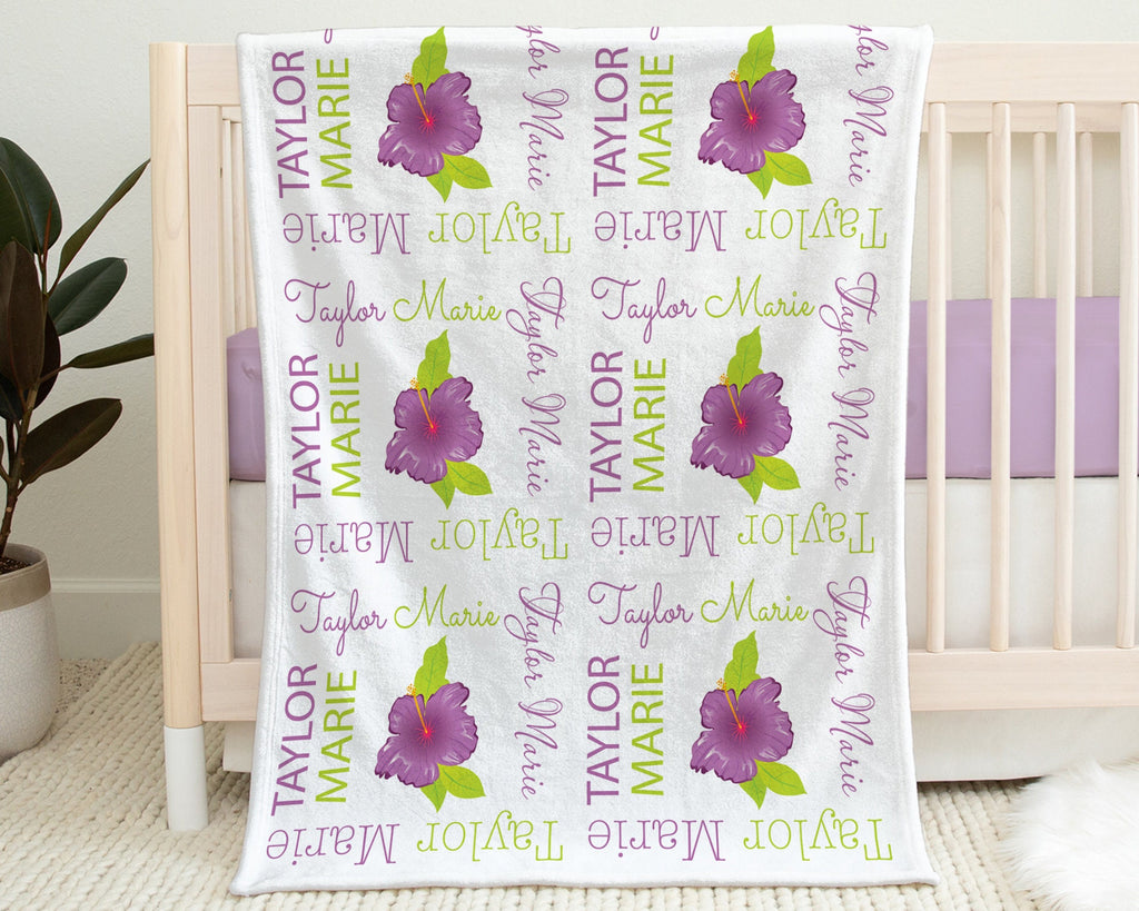 Personalized hawaiian baby blanket, hibiscus flower newborn blanket with name, hawaiian girl floral baby gift, hibiscus purple swaddle